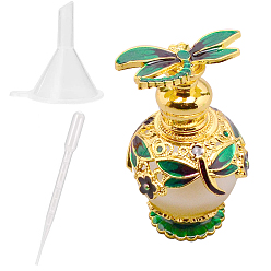 Green 1Pc Glass Openable Perfume Bottle, Refillable Bottles, with Alloy Enamel Findings, Dragonfly, Golden, 1Pc Plastic Funnel & 1Pc Disposable Plastic Transfer Pipettes, Green, 4.1x7.2cm, capacity: 15ml(0.5 fl. oz)