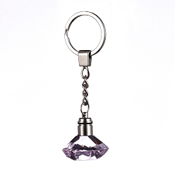 Pearl Pink Diamond Shape Faceted Glass Keychain, with Platinum Plated Iron Split Key Rings, Pearl Pink, 96mm, Pendants: 30.5x30mm