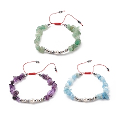Mixed Stone Natural Gemstone Chips & Shell Pearl & Synthetic Hematite Braided Bead Bracelet, Adjustable Bracelet for Women, Inner Diameter: 1-3/4~3-3/4 inch(4.6~9.6cm)