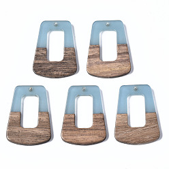 Sky Blue Resin & Walnut Wood Pendants, Trapezoid, Sky Blue, 37~37.5x27~27.5x3~3.5mm, Hole: 2mm