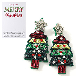 Разноцветный Серьги-гвоздики ручной работы из стеклянных бусин в виде рождественской елки со звездой., с фурнитурой из нержавеющей стали и стразами., красочный, 85x53 мм