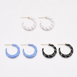 Gemischte Farbe Halbe Creolen aus Messingemail, Ohrstecker, mit Ohrmuttern, langlebig überzogen, Mond, echt 18 k vergoldet, Gemischte Farbe, 23x5 mm, Stift: 1 mm