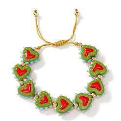 Темно-оливково-зеленый Богемные браслеты ручной работы из фарфора, эмали, бисера и плетеных бусин для женщин., сердце, темно-оливковый зеленый, 11.02 дюйм (28 см)