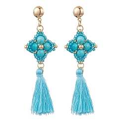 Синтетическая Бирюза Синтетический бирюзовые серьги стержня, с ручной работы стеклянными бусинами и железной фурнитурой для сережек для женщин, золотые, 78x24.5 мм