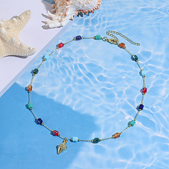 Colorful Ocean Alloy Shell Shape Pendant Iron Glass Beaded Chain Necklaces for Women, Golden, Colorful, 16.54 inch(42cm)