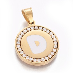 Letter D 304 Stainless Steel Enamel Pendants, with Cubic Zirconia, Flat Round with Letter, Golden, Clear, Letter.D, 29x25x3mm, Hole: 5.5x8.5mm