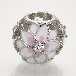 Platin Farbe Legierung Schmelz europäischen Perlen, mit Strass-Steinen, Großloch perlen, Hohlfass mit Blume, Platin Farbe, 12x10 mm, Bohrung: 5 mm