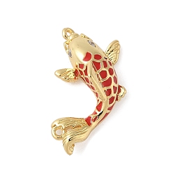 Красный Латунь эмаль подвески, с подвесками в форме рыбок из кубического циркония, стойки покрытие, без кадмия и без свинца, долговечный, реальный 18 k позолоченный, красные, 20x12x6.5 мм, отверстие : 0.8 мм