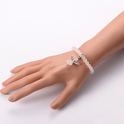 White Stretchy Frosted Glass Beads Kids Charm Bracelets for Children's Day, with Tibetan Style Acrylic Findings, Lovely Wedding Dress Angel Dangle, White, 40mm