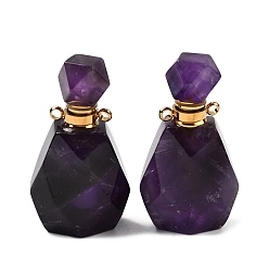 Аметист Кулоны для духов из натурального аметиста, подвески-бутылки с ограненными драгоценными камнями и 304 фурнитурой из нержавеющей стали, золотые, 35~35.5x20~20.5x13.5~14 мм, отверстие : 1.8 мм