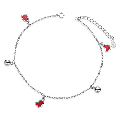 Platinum 925 Sterling Silver Charm Anklets, with Epoxy Resin and Cable Chains, Heart, Red, Platinum, 8-1/2 inch(21.5cm), Heart: 7.1x5.6mm