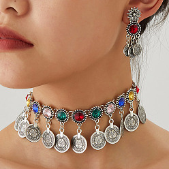 Разноцветный Комплекты из ожерелий с кисточками и серег-гвоздиков из сплава со стразами и круглыми монетами, античное серебро, красочный, 470 мм