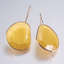 Yellow Cat Eye Earring Hooks, with Brass Findings and Horizontal Loop, Lead Free & Cadmium Free, Oval, Light Gold, Yellow, 45~47x21~25x4mm, Hole: 2mm, 20 Gauge, Pin: 0.8mm
