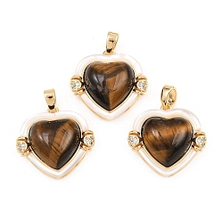 Настоящее золото 18K Подвески из натурального тигрового глаза и пресноводных ракушек, подвески в форме сердца с латунными вставками из прозрачных кубических цирконий, реальный 18 k позолоченный, 18x19x7 мм, отверстие : 3.5x2.5 мм
