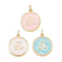 Leo Brass Enamel Pendants, Flat Round & Constellation Charms, Rack Plating, Long-Lasting Plated, Cadmium Free & Lead Free, Golden, Leo Charms, 17.5x15x2mm, Hole: 3mm