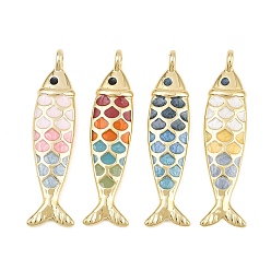 Mixed Color Brass Enamel Pendants, Fish Charms, Rack Plating, Long-Lasting Plated, Lead Free & Cadmium Free, Real 18K Gold Plated, Mixed Color, 41x11x6mm, Hole: 3.3mm