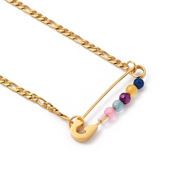 Разноцветный 201 кулон "английская булавка" из нержавеющей стали, с естественным бисера агат, 304 цепи фигаро из нержавеющей стали и гайки пластиковые, красочный, 16.54 дюйм (42 см)