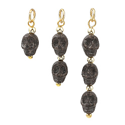 Black Halloween Handmade Porcelain & Electroplate Non-magnetic Synthetic Hematite Pendants, with 304 Stainless Steel Open Jump Rings, Skull Charms, Golden, Black, 14~35x6x7mm, about 3pcs/set