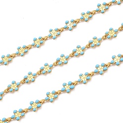 Светло-Голубой Звено цепи с эмалью из золотой латуни, долговечный, с катушкой, несварные, цветок, Небесно-голубой, 9x6x1 мм, 32.8 футов (10 м) / рулон