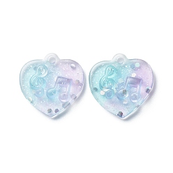 Sky Blue Two Tone Transparent Resin Pendants, with Glitter Powder, Heart Charm with Music Note Pattern, Lilac, Sky Blue, 20x20x5mm, Hole: 2mm