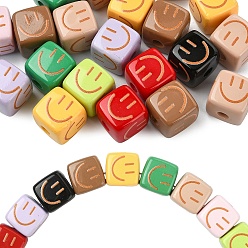 Mixed Color 20Pcs Baking Paint Opaque Acrylic Beads, Cube with Smiling Face, Mixed Color, 14.5x14.5x14.5mm, Hole: 4.5mm