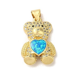 Темно-Голубой Покрытие стойки латунь микропаве прозрачные подвески из кубического циркония, подвески-мишки в форме сердца с синтетическим опалом, реальный 18 k позолоченный, без кадмия и без свинца, долговечный, глубокое синее небо, 22.5x14.5x6.5 мм, отверстие : 3.5x3 мм
