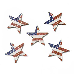 Sienna American Flag Theme Single Face Printed Aspen Wood Pendants, Star Charm, Sienna, 45x46.5x2.5mm, Hole: 1.2mm