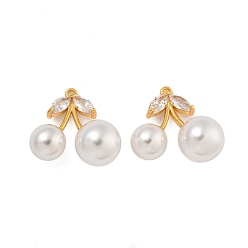 Настоящее золото 18K Латунные микро проложить кубического циркония подвески, с пластмассовой жемчужиной abs, вишня, реальный 18 k позолоченный, 17.5x19x9.5 мм, отверстие : 1.2 мм