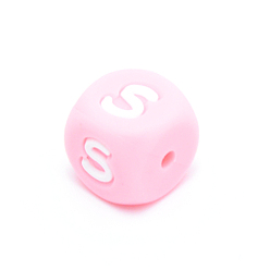 Letter S Silicone Alphabet Beads for Bracelet or Necklace Making, Letter Style, Pink Cube, Letter.S, 12x12x12mm, Hole: 3mm