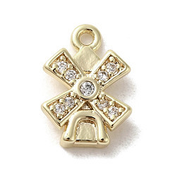 Golden Brass Micro Pave Cubic Zirconia Charms, Windmill, Golden, 11x8x2.5mm, Hole: 1~1.2mm