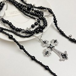 Платина Готический крест сплав и пластик имитация жемчуга кулон многослойные ожерелья для женщин, чёрные, платина, 13.78~19.69 дюйм (35~50 см)