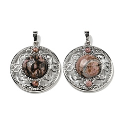 Родонит Природные подвески родонит, покрытие стойки латунные полые плоские круглые подвески, без кадмия и без свинца, платина, 36.5x33x9.5 мм, отверстие : 7.5x5 мм