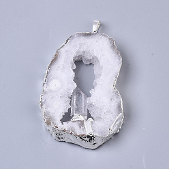 Quartz Crystal Natural Druzy Agate Big Pendants, Edge Platinum Plated, with Natural Quartz Crystal and Iron Snap on Bails, Nuggets, 37~71x29~55x9~15mm, Hole: 4x6mm