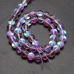 Medium Orchid Synthetic Moonstone Beads Strands, Dyed, Holographic Beads, Half AB Color Plated, Round, Medium Orchid, 8mm, Hole: 1mm, about 49pcs/strand, 15 inch