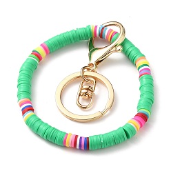 Spring Green Keychain, with Handmade Polymer Clay Heishi Beads and Golden Plated Iron Alloy Lobster Claw Clasp, Ring, Spring Green, 6.7cm
