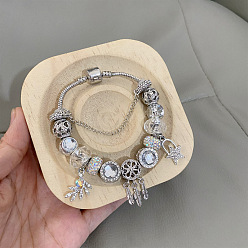 Прозрачный Браслеты с подвесками из европейского сплава со звездами и перьями, браслеты из змеиной цепи для женщин, со стеклом и горным хрусталем, платина, прозрачные, внутренний диаметр: 2-1/2 дюйм (6.5 см)