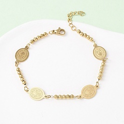 Золотой Религия 304 браслеты из нержавеющей стали, браслеты из шариковой цепи для женщин, овальный со святым, золотые, 6-7/8 дюйм (17.6 см)