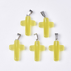 Желтый Подвески кошачий глаз, с поручнями из нержавеющей стали, крестик, цвет нержавеющей стали, желтые, 28~30x18x6 мм, отверстие : 7x3.5 мм