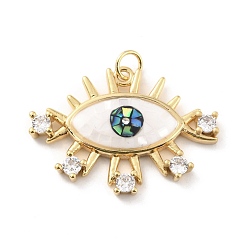 White Natural Shell Pendants, with Clear Cubic Zirconia and Golden Brass Findings, Long-Lasting Plated, Eye, White, 21x29.5x3.5mm, Jump Ring: 5x1mm, 3.5mm Inner Diameter