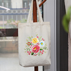 White DIY Flower Pattern Tote Bag Embroidery Kit, including Embroidery Needles & Thread, Cotton Fabric, Plastic Embroidery Hoop, White, 390x340mm