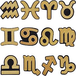 Oro Tela de bordado computarizada para planchar / coser parches, accesorios de vestuario, apliques, 12 constelación / signo del zodiaco, oro, oro, 60~86x58~80 mm, 12 unidades / caja