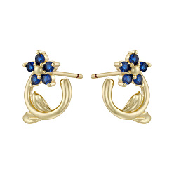 Морской Синий Серьги-гвоздики из латуни с кубическим цирконием ко Дню святого Валентина, цветок, золотые, Marine Blue, 13.5x12 мм