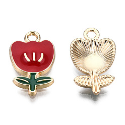 Red Eco-Friendly Zinc Alloy  Pendants, with Enamel, Flower, Cadmium Free & Nickel Free & Lead Free, Golden, Red, 19.5x11.5x3mm, Hole: 2mm