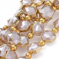 лаванда Непрозрачное стекло бисер нитей, с фурнитурой латунной золотого тона, гальваническое покрытие, граненые, шестиугольник, лаванда, 12x10.5x7~7.5 мм, отверстие : 1.2 мм, около 10 шт / нитка, 6.81 дюйм (17.3 см)