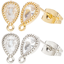 Real Gold Plated & Real Platinum Plated 20 шт. 2 цвета латунь, фианиты, серьги-гвоздики, с латунными фрикционными гайками, слеза, прозрачные, настоящее золото и платина, 9.5x5.5 мм, отверстие : 1 мм, штифты : 0.8 мм, 10 шт / цвет