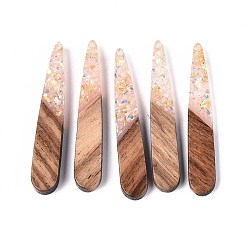 Розовый Подвески из непрозрачной смолы и орехового дерева, слезинки, с блестящей пудрой и золотой фольгой, туманная роза, 44x7.5x3~3.5 мм, отверстие : 1.6 мм