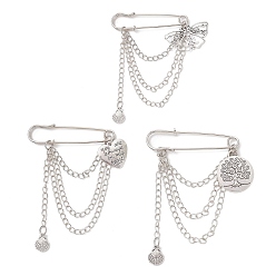 Античный Серебристый & Платиновый 3 шт. сплав подвески килт булавки брошь, с железными булавками и кабельными цепями, сердце/дерево жизни/бабочка, старинное серебро и платина, 91x68~74.5x5.5 мм