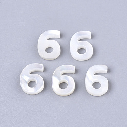 Number Natural White Shell Mother of Pearl Shell Charms, Number, Num.6, 10x7x2mm, Hole: 0.8mm