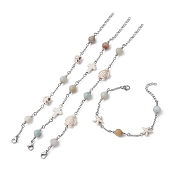 Mixed Shapes 4Pcs 4 Style Natural Flower Amazonite & Synthetic Turquoise Beaded Link Chain Bracelets Set, Skull & Cross & Tortoise & Starfish, Mixed Shapes, 6-7/8~7 inch(17.5~17.8cm), 1Pc/style