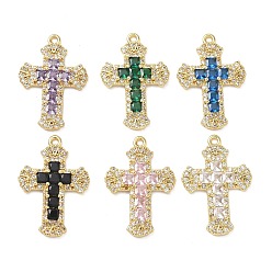 (52) Непрозрачная лаванда Латунные микро проложить кубического циркония подвески, долговечный, без кадмия и без свинца, крест очарование, реальный 18 k позолоченный, разноцветные, 23x16x2.5 мм, отверстие : 1.4 мм